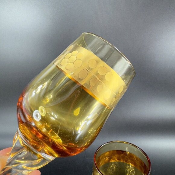 Vintage Czech Bohemian Small Goblet Drinking Glasses Set 2 Amber Clear Bottom - Picture 4 of 10